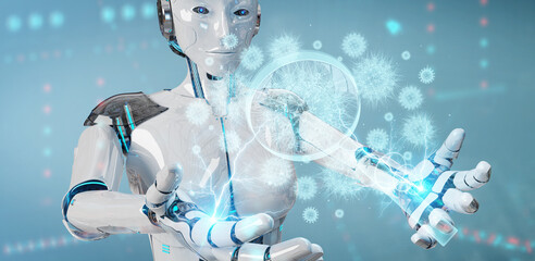 Aufkleber - Robot analyzing holographic cell projection through magnifying glass 3D rendering