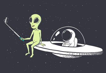 Wall Mural - alien makes selfie with astronaut