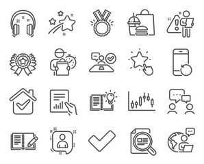 Education icons set. Included icon as Candlestick graph, Check article, People chatting signs. Winner ribbon, Ranking star, Feedback symbols. Job interview, Developers chat, Headphones. Vector