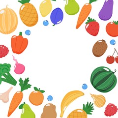 Wall Mural - Fruits and vegetables frame with copy space, vector illustration in flat style