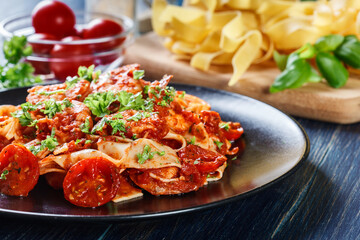 Wall Mural - Pappardelle pasta with shrimp, tomatoes and herbs