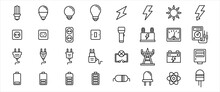 Simple Set Of Electricity Component Related Vector Icon Graphic Design. Contains Such Icons As Light Bulb, Electric Shock Symbol, Flashlight, Torch, Power Line Tower, Plugin And Battery