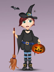 Wall Mural - illustration of Halloween witch with pumpkin