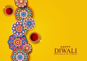  Happy Diwali celebration background. Top view of banner design decorated with illuminated oil lamps on patterned yellow background. vector illustration
