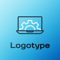 Line Software, web development, programming concept icon isolated on blue background. Programming language and program code on screen laptop. Colorful outline concept. Vector.
