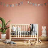 3d Mockup nursery pale salmon red orange interior with a cradle, a plant,  toys, books and colorful flags
