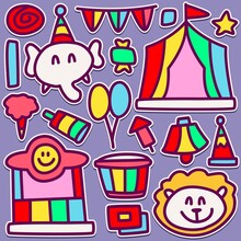 Hand Drawn Kawaii Doodle Cartoon Circus Design For Wallpaper, Stickers, Coloring Books, Pins, Emblems Logos And More