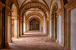 Side-lit Cloister Hallway With Columns And Ribbed Vaulted Ceilings. Templar Castle/Convent Of Christ, Tomar, Portugal.