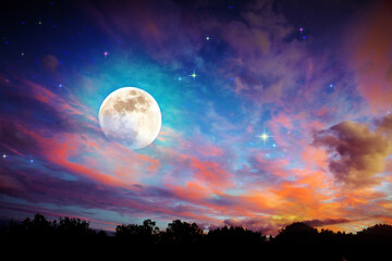 Wall Mural - Full moon and black abstract sky. Abstract background.