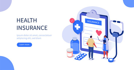 Wall Mural - Doctor and Patient in Hospital Office filling Health Insurance Contract. Near lying Medical Pills, Stethoscope and other Medical Staff. Healthcare Concept. Flat Isometric Vector Illustration. 