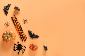 Wall Mural - Halloween home party decorations, pumpkins, drinking straw, bat, spooky spider on orange background. View from above, flat lay. Space for text.