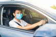 © Have a nice day  - Asian businessman inside driving car automobile wearing protective surgical face mask protection from covid-19 coronavirus pandemic safety commuter traveling to work business travel social distancing