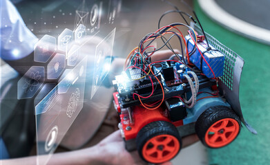 School kid children building Toy  smart robot AI artificial intelligent Stem learning education technology blocks creative ideas construction development programming, graphical icons UI screen
