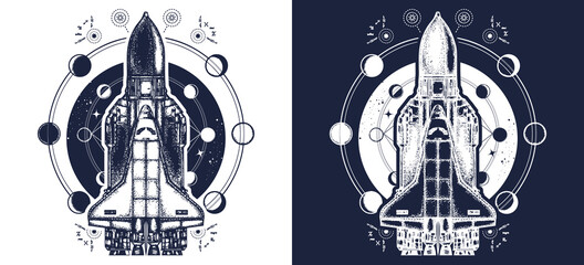 Wall Mural - space shuttle taking off on mission. tattoo and t-shirt design. flight to new galaxies. black and wh