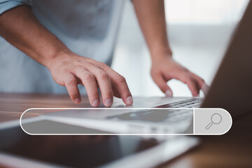 Leinwandbilder - Data Search Technology Search Engine Optimization. male hands are using a computer notebook to Searching for information.Using Search Console with your website.