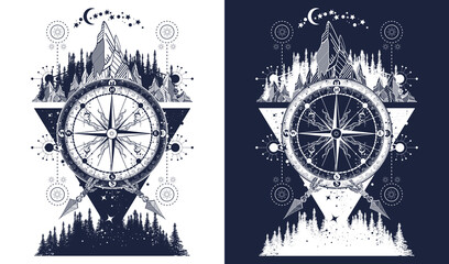 Wall Mural - Mountains and antique compass tattoo art. Adventure, travel, outdoors symbol. Black and white vector graphics