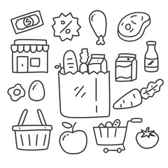 Canvas Print - Set of grocery store doodle illustration with black color contains, shop vector, vegetables and foods isolated on white background 