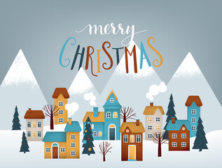 Snow covered little town. Merry Christmas vector illustration.