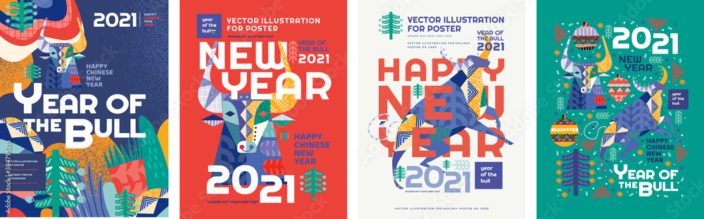 2021. Year of the bull. Vector abstract illustration for the new year for poster, background or card. Geometric drawings for the year of the bull according to the Eastern Chinese calendar
 - obrazy, fototapety, plakaty 