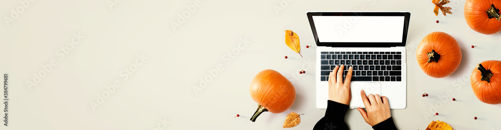Autumn pumpkins with person using a laptop computer from above - obrazy, fototapety, plakaty 