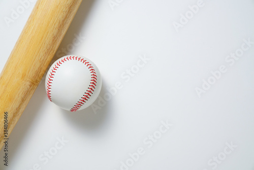 baseball and baseball bat on white background, top view