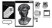 Pixel Art Ilustration With Marble Sculpture, David Head Bust. Vaporwave And Retrowave Style Collage, Postmodern Aesthetics Of 80's-90's.
