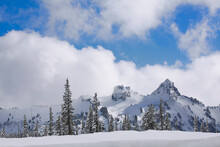 Closeup Of Snow-covered Tatoosh Mountain Range In Mt. Rainier National Park In Washington State
