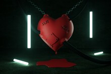 A Damaged Large Red Heart With Seams And A Patch, With Black Plastic Tubes, Hanging On Chains In A Stone Room With Tube-shaped Bulbs. Broken Heart, Relationship Problems, 3d Rendering