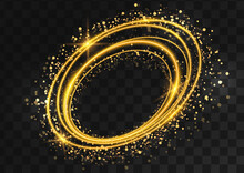 Frame Made Of Gold Oval Rings With Glitter, Sparkles And Flashes On A Dark Transparent Background. Vector