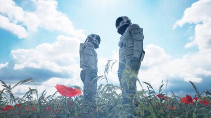 meeting of two astronauts in love on an alien blooming planet. 3d rendering.