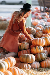 Wall Mural - Portrait of happy woman choosing ripe orange pumpkin on farmers market in brown sweater, dress. Cozy autumn vibes Halloween, Thanksgiving day