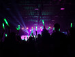 © sasiko kaan - Crowd at concert : Silhouette people crowd happy and cheering with led foam stick light in front of bright colorful stage lights