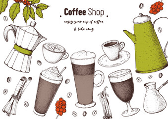 Wall Mural - Coffee cups, beans and coffee pots illustration. Vintage design for coffee shop. Engraved vector illustration.