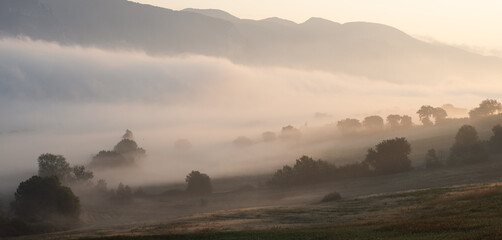 Autumn landscape. Valley floor with fog at dawn