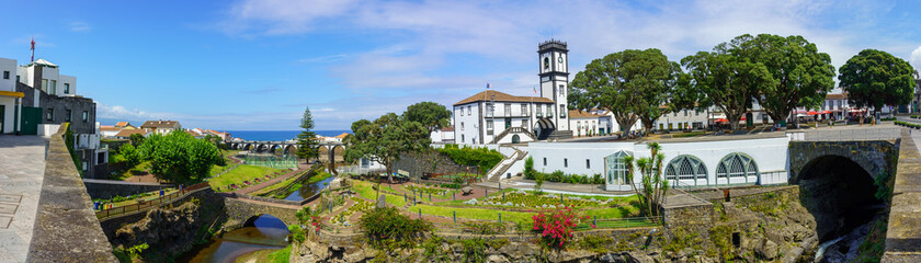 Wall Mural - Panoramic cityscape view to Municipality and central square of Ribeira Grande, Sao Miguel, Azores