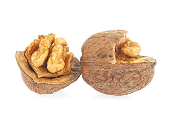 Wall Mural - Whole and cracked walnuts isolated on a white background. Organic walnut. Delicious walnut.