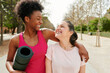 © IVAN GENER/Stocksy - Friends laughing after an outdoor workout