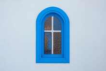 Blue Window In The Old White House. Greek Background