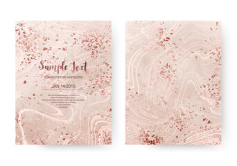 Wall Mural - Luxury coral acrylic celebration invitation cards with gold sparkle splatter texture.