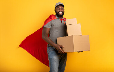 Courier acts like a powerful superhero. Concept of success and guarantee on shipment