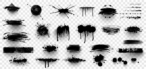 Wall Mural - Ink splashes. Black inked splatter dirt stain splattered spray splash with drops blots isolated. Ink splashes stencil. High quality manually traced. Drops blots isolated. Vector illustration