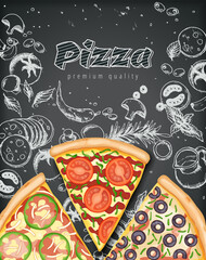 Wall Mural - Color pizza poster. Savoury pizza ads with 3d illustration rich toppings dough on engraved style chalk doodle background. Vector banner for cafe, restaurant or food delivery service. Top view