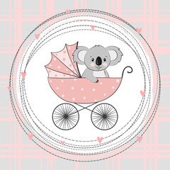 Wall Mural - Baby shower  card. Cartoon koala bear in stroller.	