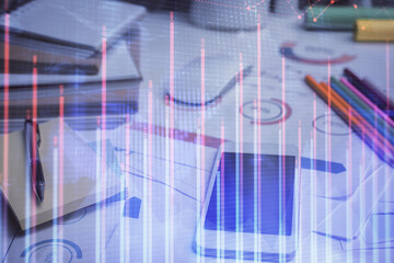 Double exposure of forex chart drawing and cell phone background. Concept of financial data analysis