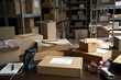 © insta_photos - Distribution warehouse background, commercial shipping order boxes for dispatching on stockroom table, post courier delivery package, dropshipping commerce retail store shipment storage concept.