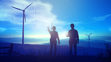 Wall Mural - engineers are watching over the work of wind farms and virtual infographics.