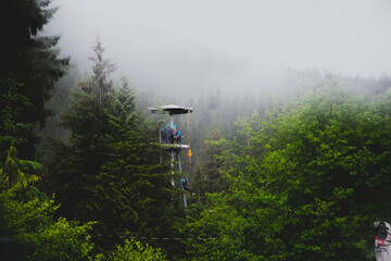  Zipline tower in Misty Alaska Tongass National Forest.