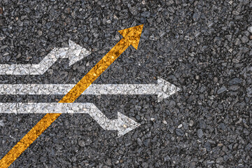 different thinking and business and technology disruption concept , yellow arrow cross direction wit