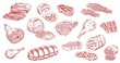 © Vector Tradition - Pork sausage, veal beef and lamb steak sketches. Bacon, ham and jamon leg, meat roll, chicken or turkey legs, sirloin, brisket and mortadella engraved vectors set. Raw and processed meat products