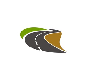 road, pathway, highway vector icon. winding paved road running through green fields with grassy road